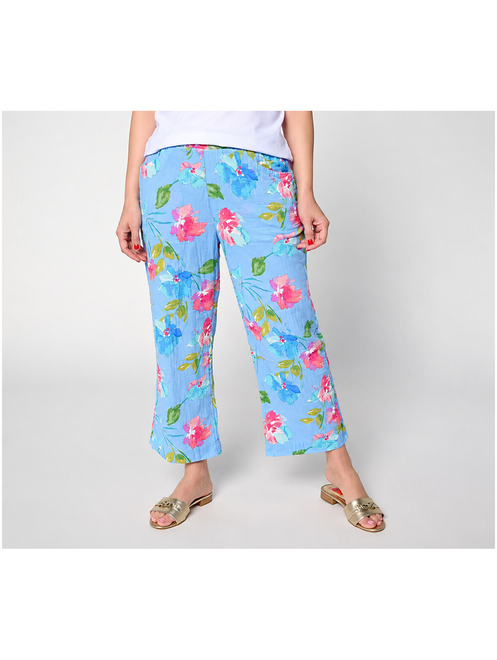 Susan Graver Getaway Cotton Gauze Wide-Leg Crop Pants Sky Multi, Petite X-Large